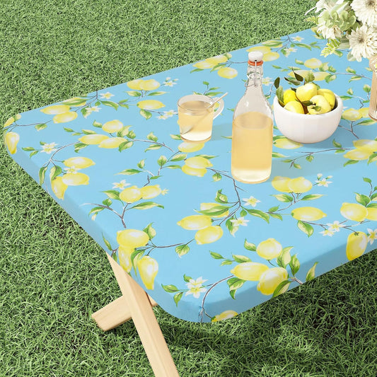 Rectangle Vinyl Tablecloth, Fitted Table Cover, 100% Waterproof, Elastic Edge, Flannel Backing, Plastic Table Cloth Fit 6 Foot Folding Tables for Picnic, Camping, Outdoor (Lemon, 30x72 inch)