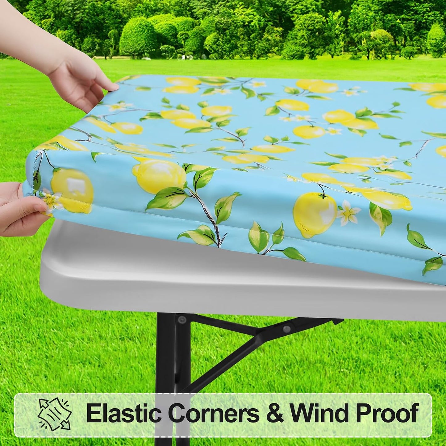 Rectangle Vinyl Tablecloth, Fitted Table Cover, 100% Waterproof, Elastic Edge, Flannel Backing, Plastic Table Cloth Fit 6 Foot Folding Tables for Picnic, Camping, Outdoor (Lemon, 30x72 inch)
