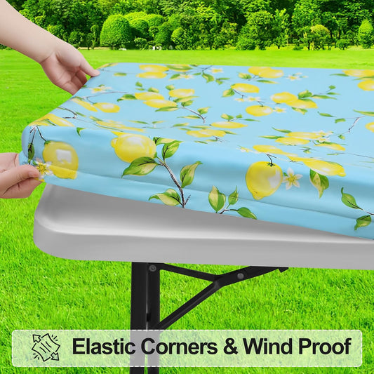 Rectangle Vinyl Tablecloth, Fitted Table Cover, 100% Waterproof, Elastic Edge, Flannel Backing, Plastic Table Cloth Fit 6 Foot Folding Tables for Picnic, Camping, Outdoor (Lemon, 30x72 inch)