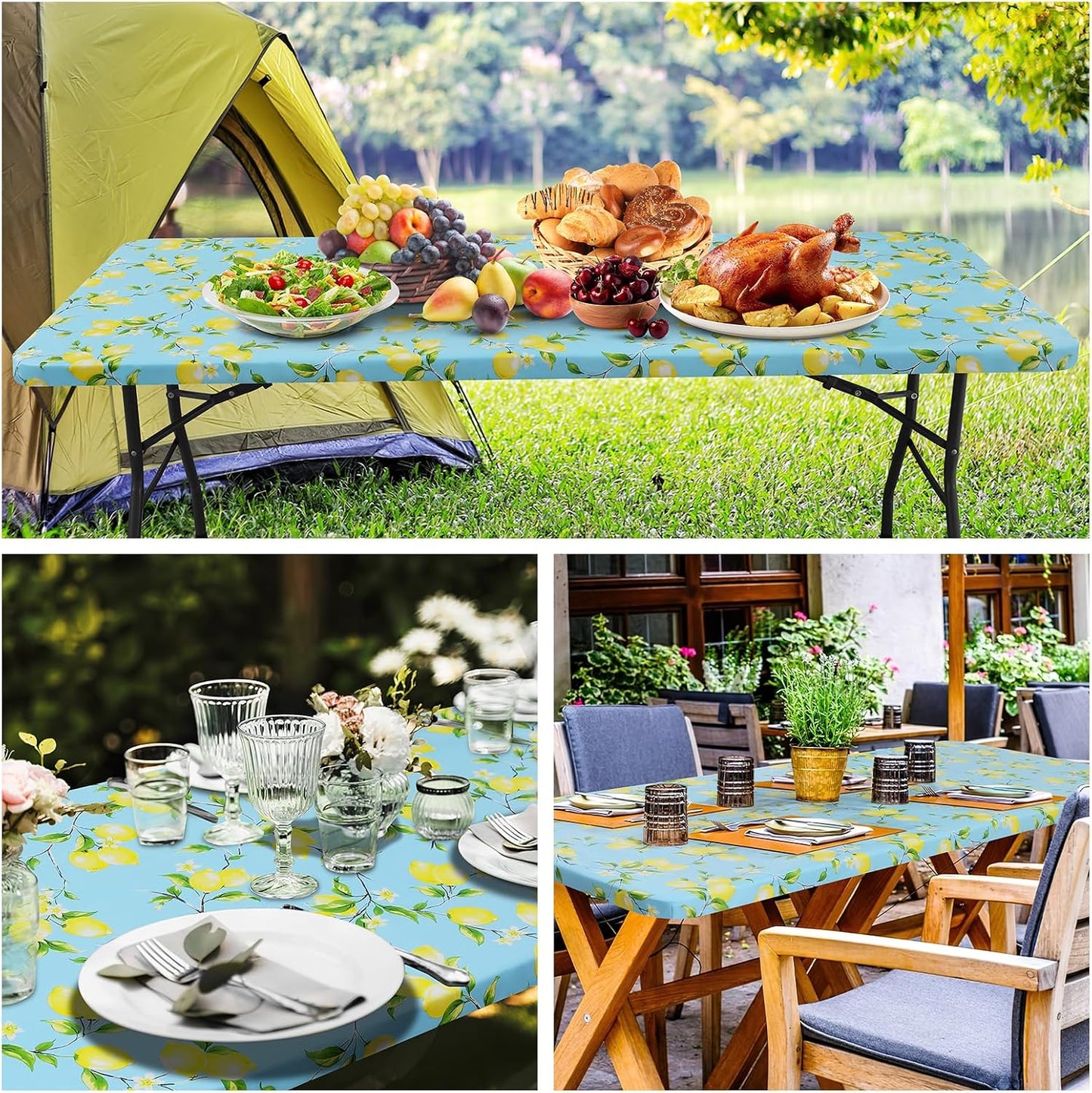 Rectangle Vinyl Tablecloth, Fitted Table Cover, 100% Waterproof, Elastic Edge, Flannel Backing, Plastic Table Cloth Fit 6 Foot Folding Tables for Picnic, Camping, Outdoor (Lemon, 30x72 inch)