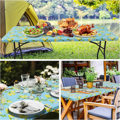 Rectangle Vinyl Tablecloth, Fitted Table Cover, 100% Waterproof, Elastic Edge, Flannel Backing, Plastic Table Cloth Fit 6 Foot Folding Tables for Picnic, Camping, Outdoor (Lemon, 30x72 inch)