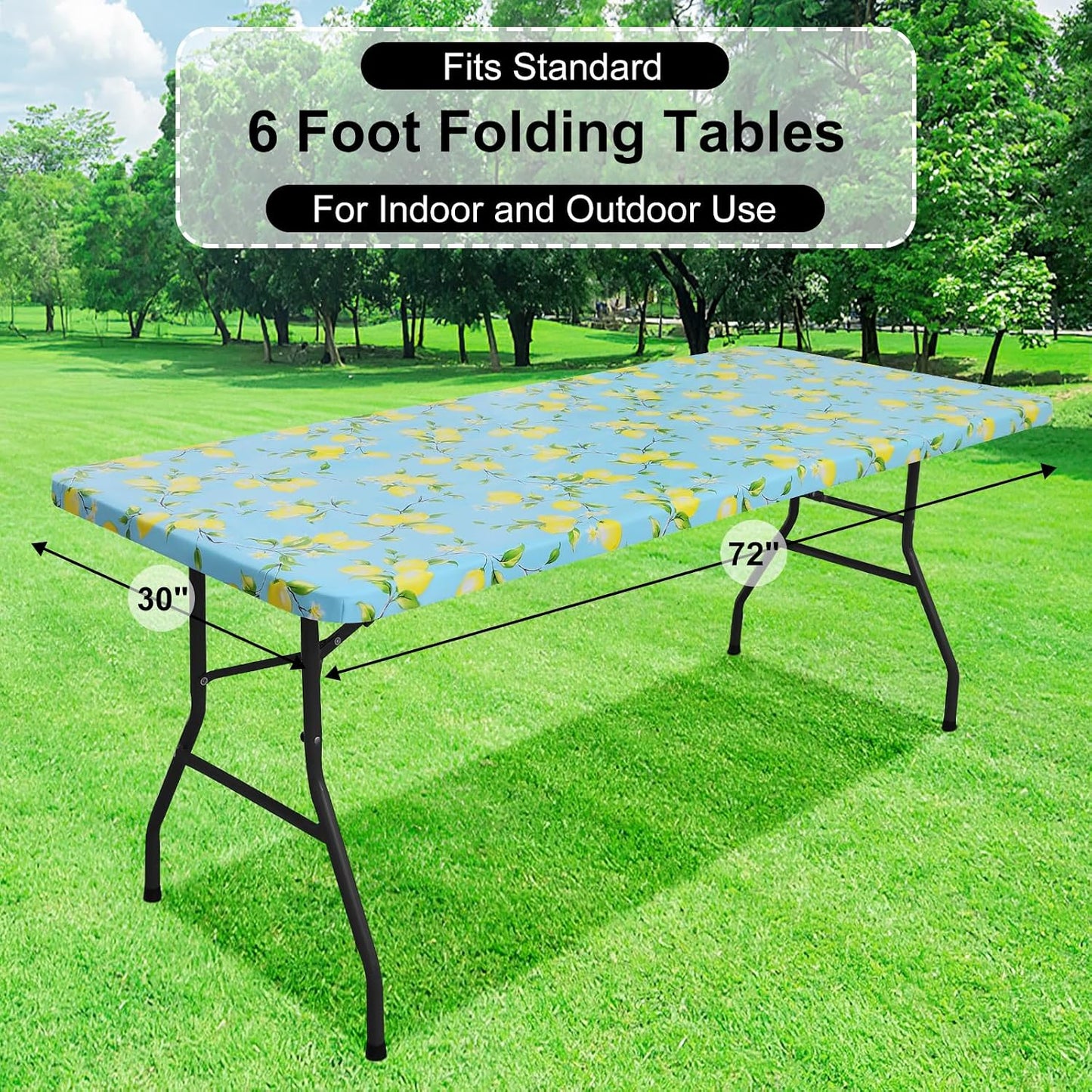 Rectangle Vinyl Tablecloth, Fitted Table Cover, 100% Waterproof, Elastic Edge, Flannel Backing, Plastic Table Cloth Fit 6 Foot Folding Tables for Picnic, Camping, Outdoor (Lemon, 30x72 inch)