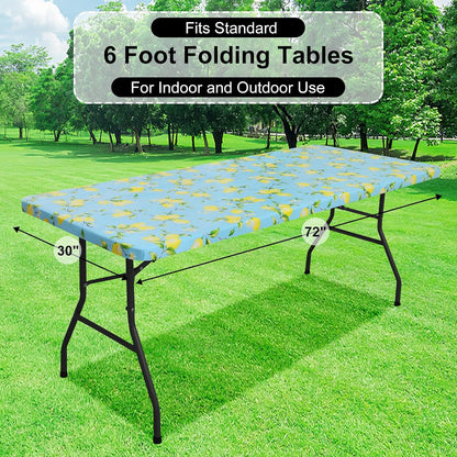 Rectangle Vinyl Tablecloth, Fitted Table Cover, 100% Waterproof, Elastic Edge, Flannel Backing, Plastic Table Cloth Fit 6 Foot Folding Tables for Picnic, Camping, Outdoor (Lemon, 30x72 inch)
