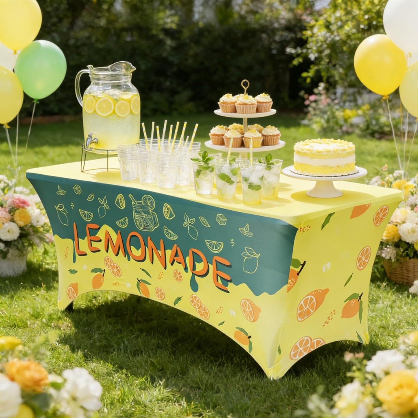 Lemonade Stand Tablecloth, 6FT Polyester Stretch Lemon Table Cover for Folding Tables, 72"x30" Summer Lemon Party Supplies for Outdoor Lemonade Stands, Parties & Farmers Markets