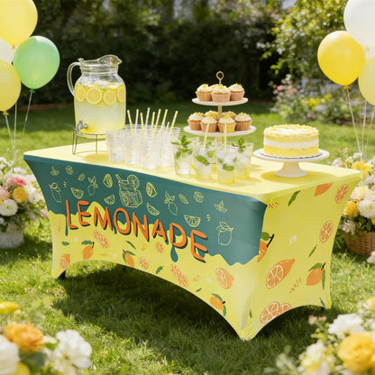 Lemonade Stand Tablecloth, 6FT Polyester Stretch Lemon Table Cover for Folding Tables, 72"x30" Summer Lemon Party Supplies for Outdoor Lemonade Stands, Parties & Farmers Markets