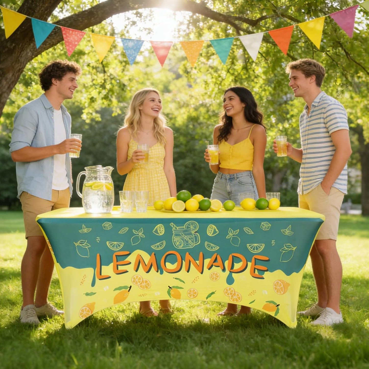 Lemonade Stand Tablecloth, 6FT Polyester Stretch Lemon Table Cover for Folding Tables, 72"x30" Summer Lemon Party Supplies for Outdoor Lemonade Stands, Parties & Farmers Markets