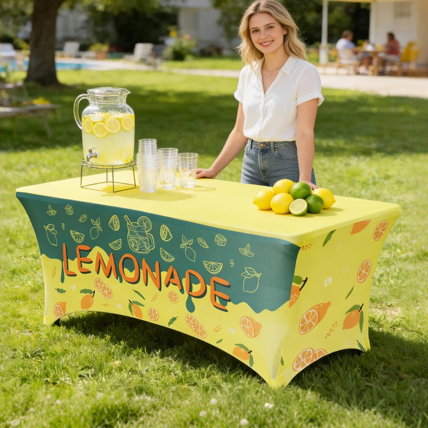 Lemonade Stand Tablecloth, 6FT Polyester Stretch Lemon Table Cover for Folding Tables, 72"x30" Summer Lemon Party Supplies for Outdoor Lemonade Stands, Parties & Farmers Markets