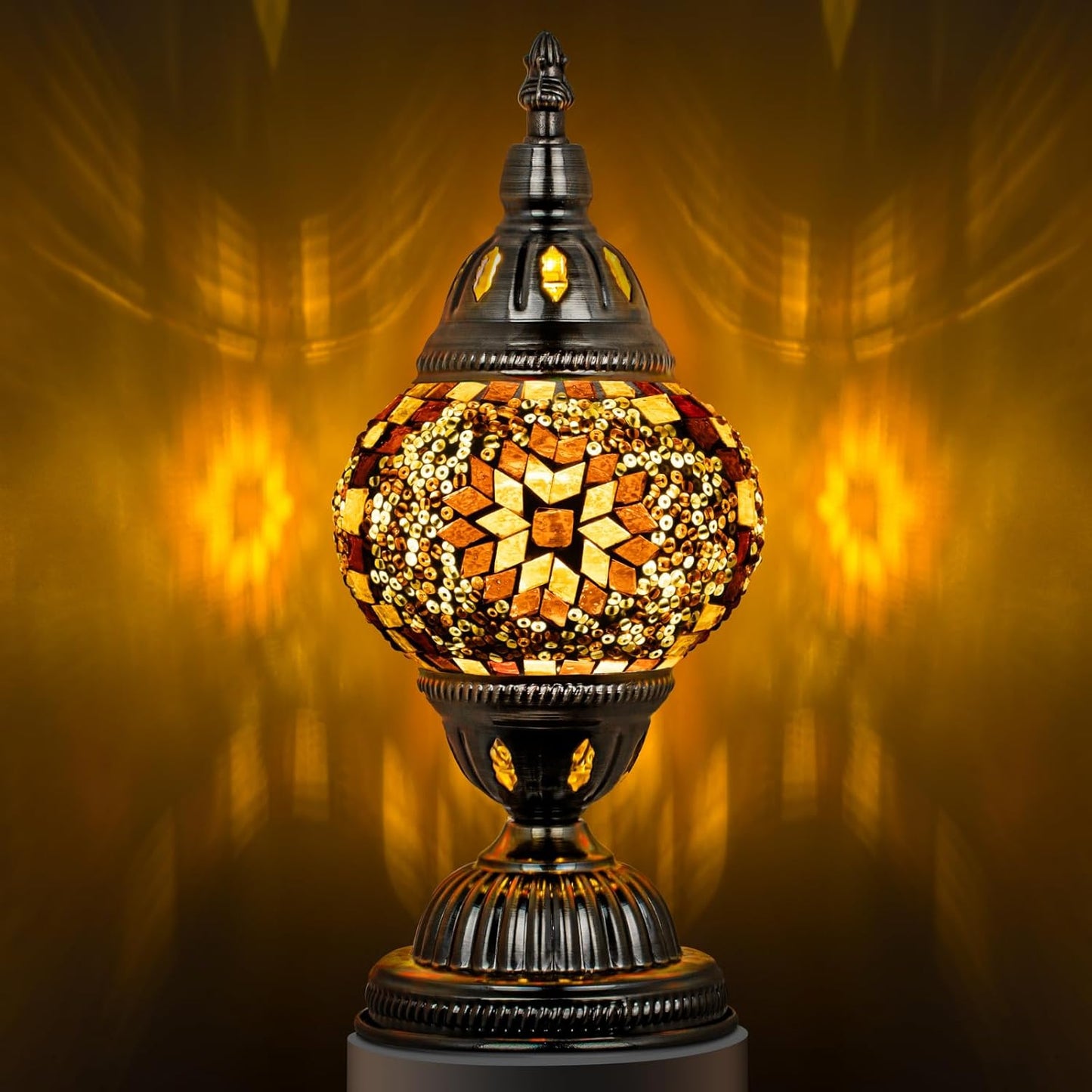 Turkish Table Lamp with Bronze Base，Handmade Yellow Moroccan Tiffany Style Mosaic Glass Night Stand Light Fixture Including LED Bulb for Living Room Bedroom Decor (Yellow)