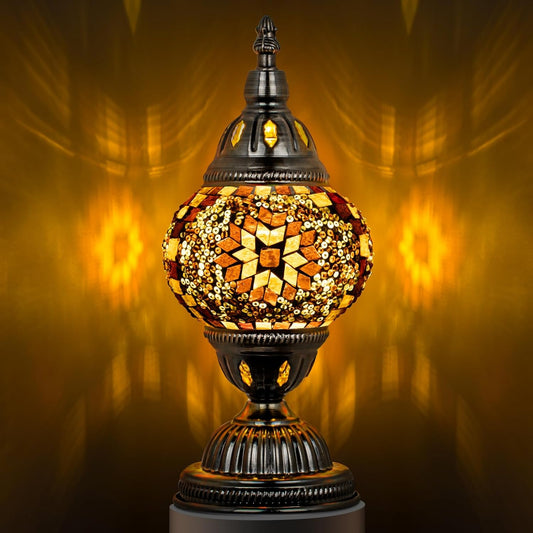 Turkish Table Lamp with Bronze Base，Handmade Yellow Moroccan Tiffany Style Mosaic Glass Night Stand Light Fixture Including LED Bulb for Living Room Bedroom Decor (Yellow)