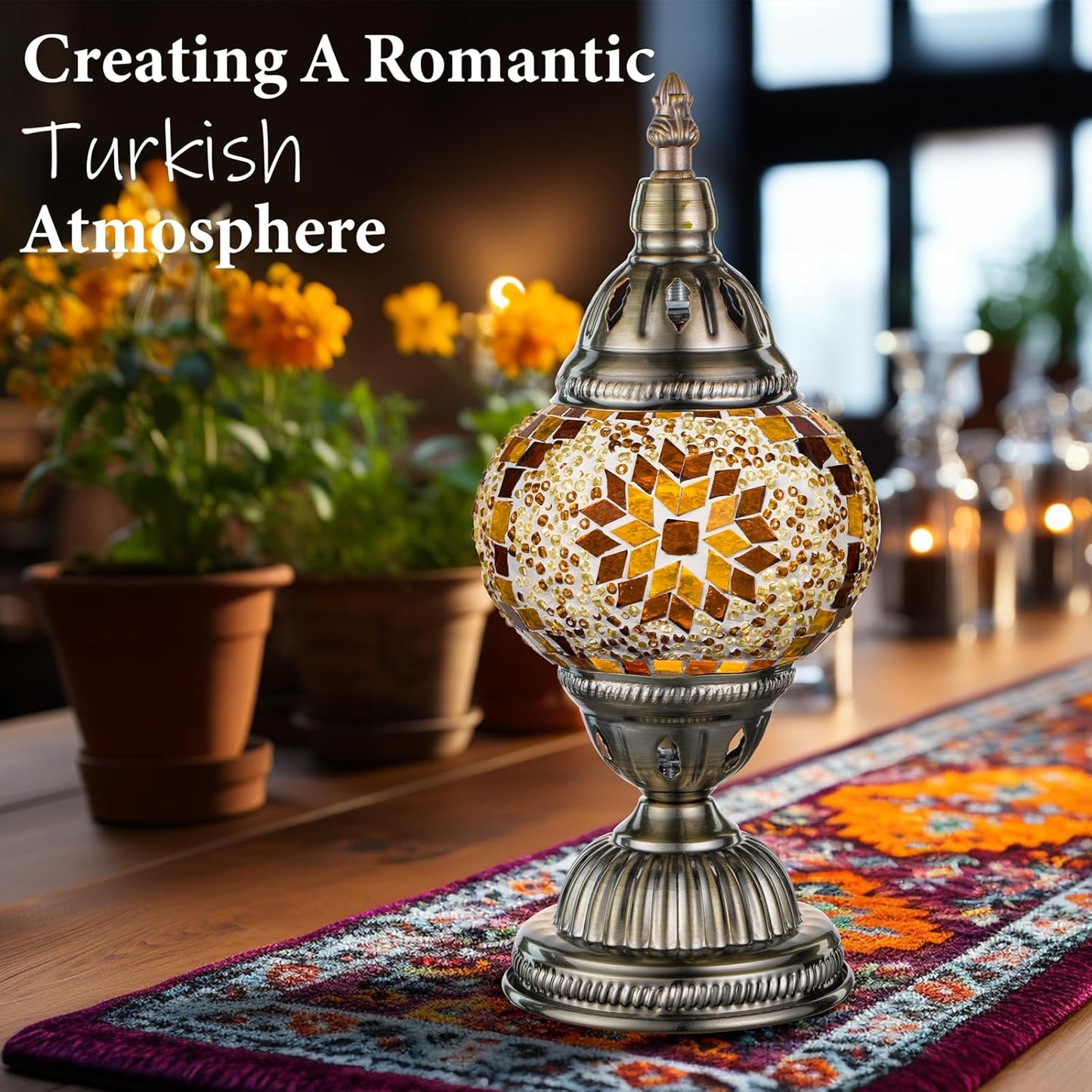 Turkish Table Lamp with Bronze Base，Handmade Yellow Moroccan Tiffany Style Mosaic Glass Night Stand Light Fixture Including LED Bulb for Living Room Bedroom Decor (Yellow)