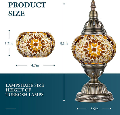 Turkish Table Lamp with Bronze Base，Handmade Yellow Moroccan Tiffany Style Mosaic Glass Night Stand Light Fixture Including LED Bulb for Living Room Bedroom Decor (Yellow)