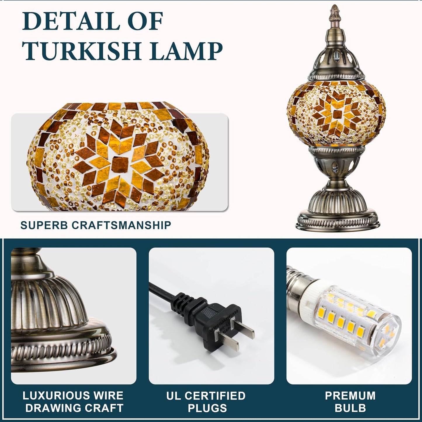 Turkish Table Lamp with Bronze Base，Handmade Yellow Moroccan Tiffany Style Mosaic Glass Night Stand Light Fixture Including LED Bulb for Living Room Bedroom Decor (Yellow)