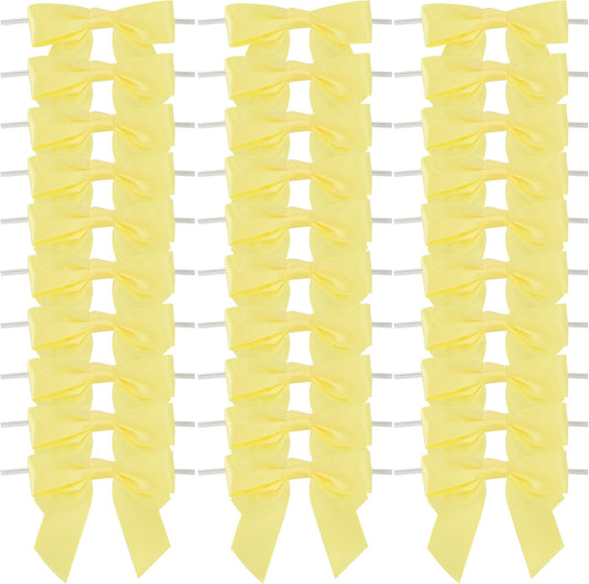 Yellow Bows Satin Ribbon Twist Tie Bow 3.5" Pre-Tied Bow Premade Baby Shower Bows Yellow Gift Bow for Treat Bags Cake Pop Gift Wrapping Goodie Bags Party Easter Decor- 50 Counts