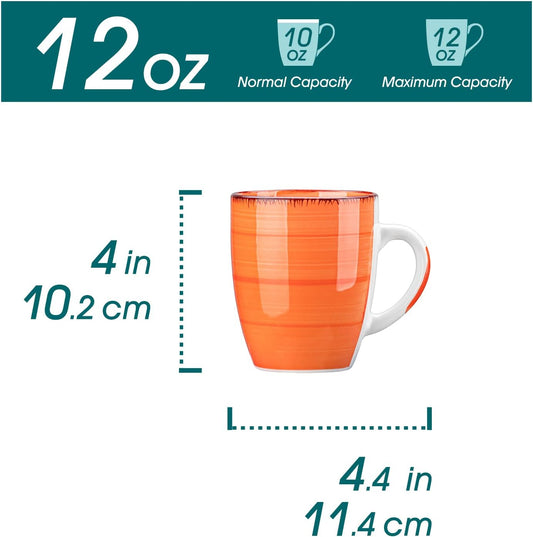 Bonita 12 Oz Coffee Mugs Set of 6, Ceramic Coffee Cups for Cappuccino, Latte, Tea, Cocoa, Warm Color
