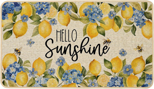 Summer Lemon Doormat Rug 17x29 inch Sunshine Hydrangea Blue Yellow Floral Front Door Mat Indoor Outdoor Non Slip Rubber Backing Seasonal Entryway Kitchen Floor Decoration