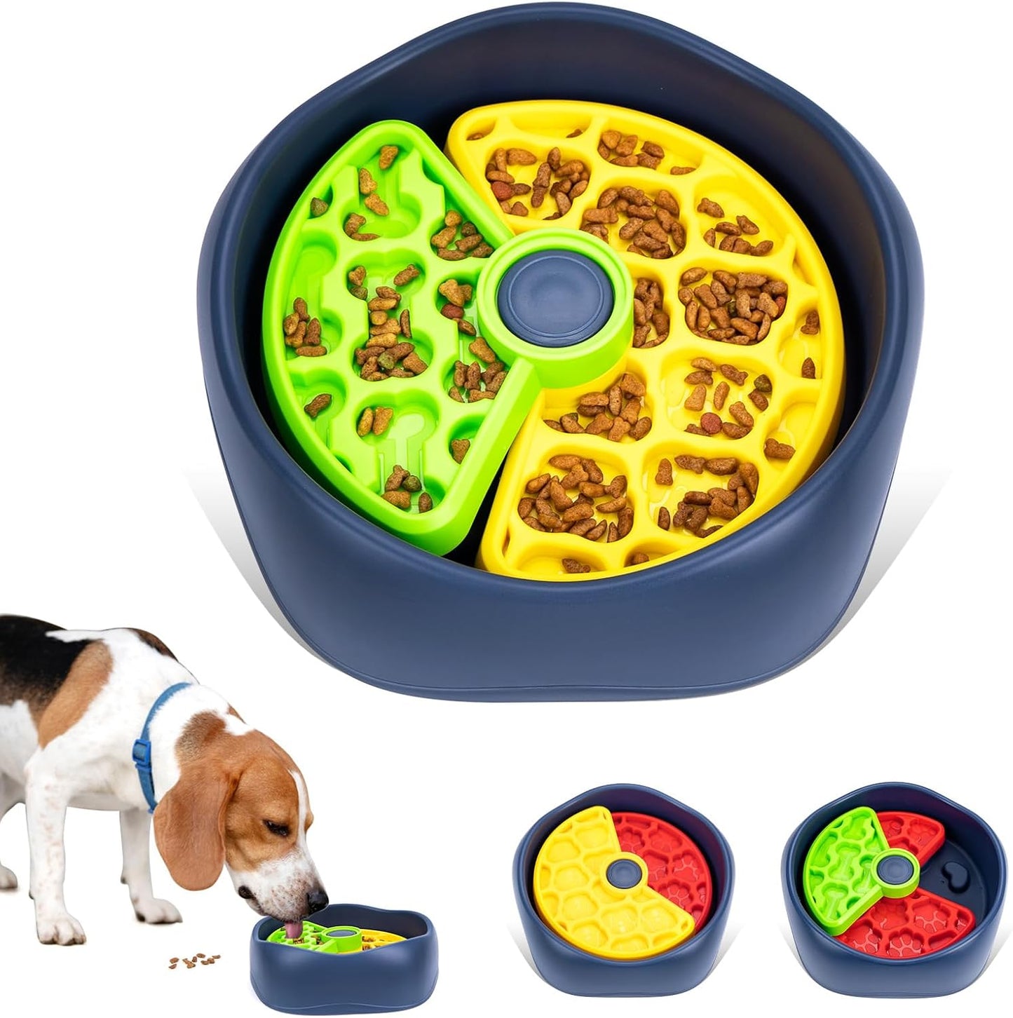 Rotating Puzzle Slow Feeder Fast Eater Dog Bowl Green Yellow | PP construction and 4 nonslip pads support kibble, wet food and small treats; dishwasher-safe design simplifies cleanup.