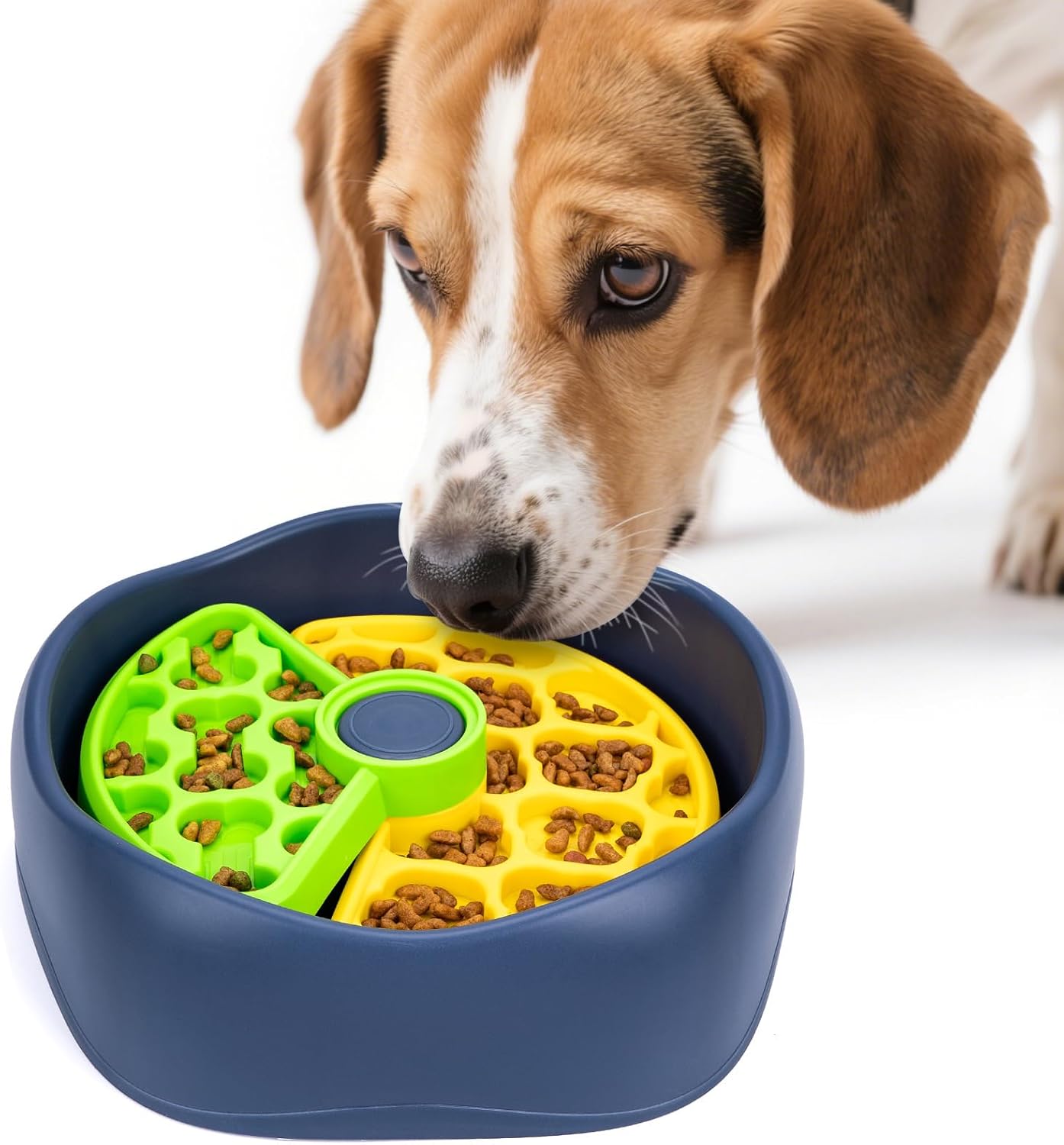 Rotating Puzzle Slow Feeder Fast Eater Dog Bowl Green Yellow | PP construction and 4 nonslip pads support kibble, wet food and small treats; dishwasher-safe design simplifies cleanup.