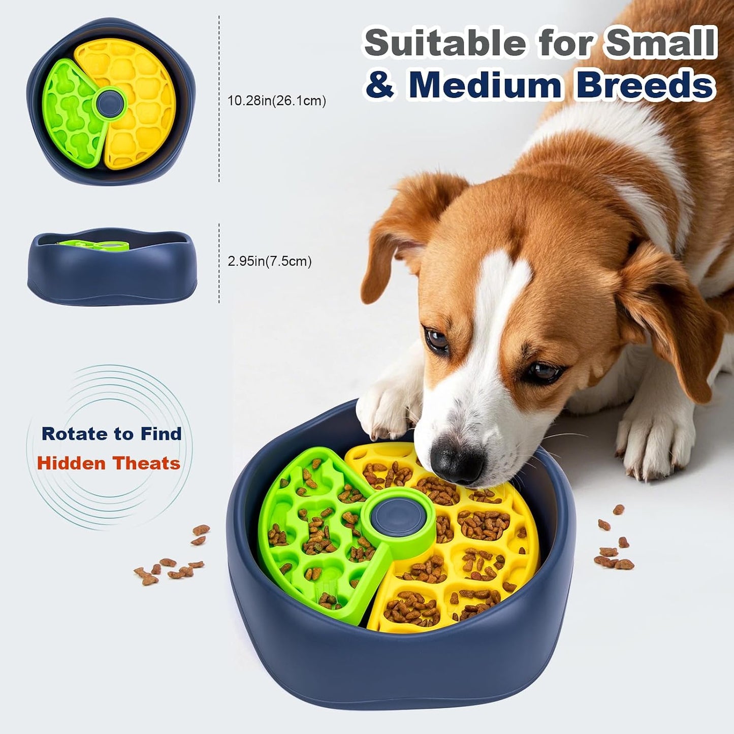 Rotating Puzzle Slow Feeder Fast Eater Dog Bowl Green Yellow | PP construction and 4 nonslip pads support kibble, wet food and small treats; dishwasher-safe design simplifies cleanup.