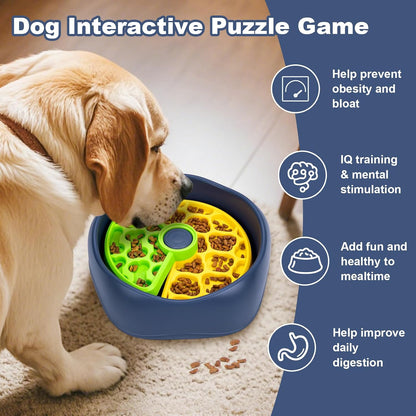 Rotating Puzzle Slow Feeder Fast Eater Dog Bowl Green Yellow | PP construction and 4 nonslip pads support kibble, wet food and small treats; dishwasher-safe design simplifies cleanup.