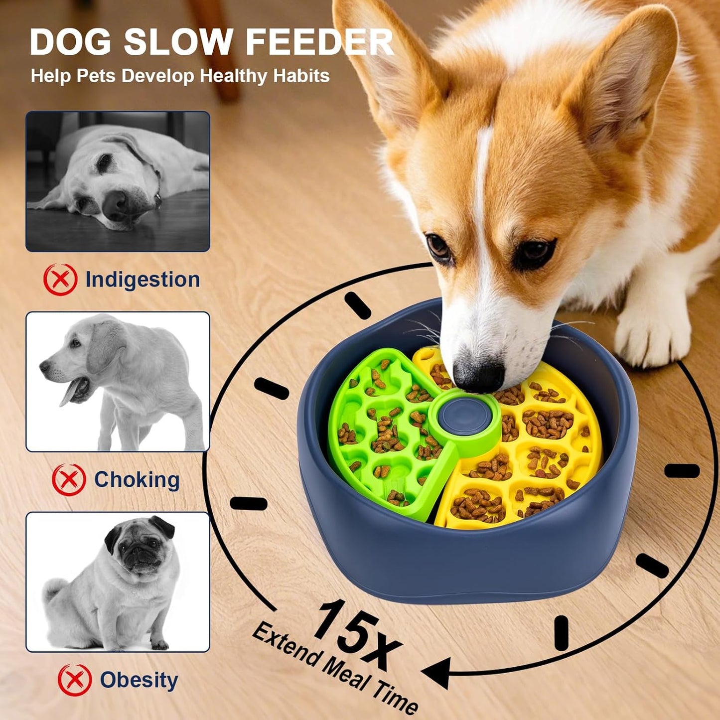 Rotating Puzzle Slow Feeder Fast Eater Dog Bowl Green Yellow | PP construction and 4 nonslip pads support kibble, wet food and small treats; dishwasher-safe design simplifies cleanup.