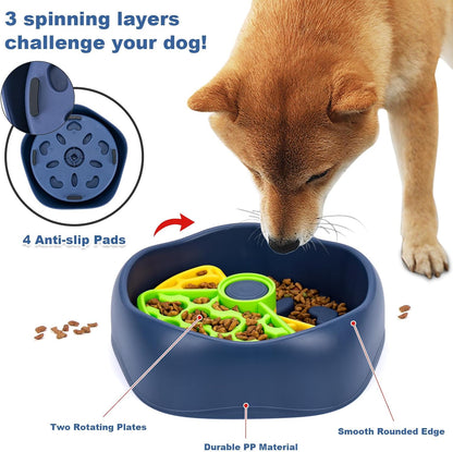 Rotating Puzzle Slow Feeder Fast Eater Dog Bowl Green Yellow | PP construction and 4 nonslip pads support kibble, wet food and small treats; dishwasher-safe design simplifies cleanup.