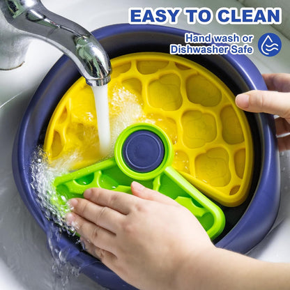 Rotating Puzzle Slow Feeder Fast Eater Dog Bowl Green Yellow | PP construction and 4 nonslip pads support kibble, wet food and small treats; dishwasher-safe design simplifies cleanup.