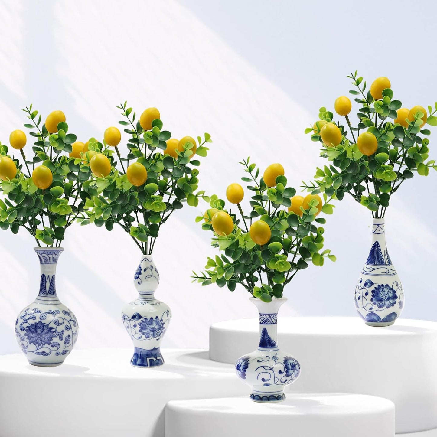 Amalfi Coast Party Decorations, 4 Bunches Artificial Lemon Table Centerpiece and 4 Porcelain Small Blue White Vases for Mediterranean Wedding Baby Shower, Capri Italian Themed Birthday Party Decor