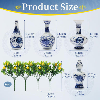 Amalfi Coast Party Decorations, 4 Bunches Artificial Lemon Table Centerpiece and 4 Porcelain Small Blue White Vases for Mediterranean Wedding Baby Shower, Capri Italian Themed Birthday Party Decor