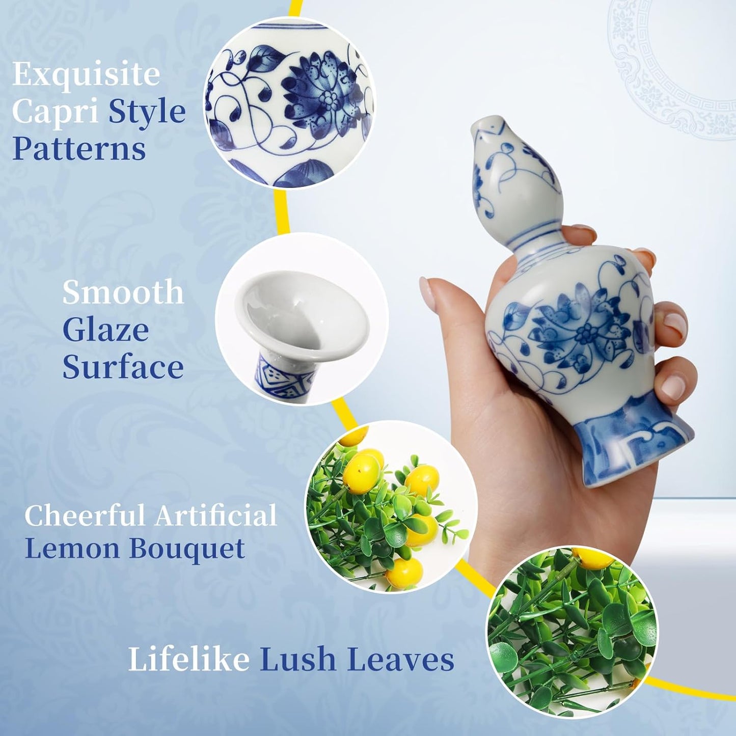 Amalfi Coast Party Decorations, 4 Bunches Artificial Lemon Table Centerpiece and 4 Porcelain Small Blue White Vases for Mediterranean Wedding Baby Shower, Capri Italian Themed Birthday Party Decor