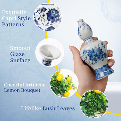 Amalfi Coast Party Decorations, 4 Bunches Artificial Lemon Table Centerpiece and 4 Porcelain Small Blue White Vases for Mediterranean Wedding Baby Shower, Capri Italian Themed Birthday Party Decor