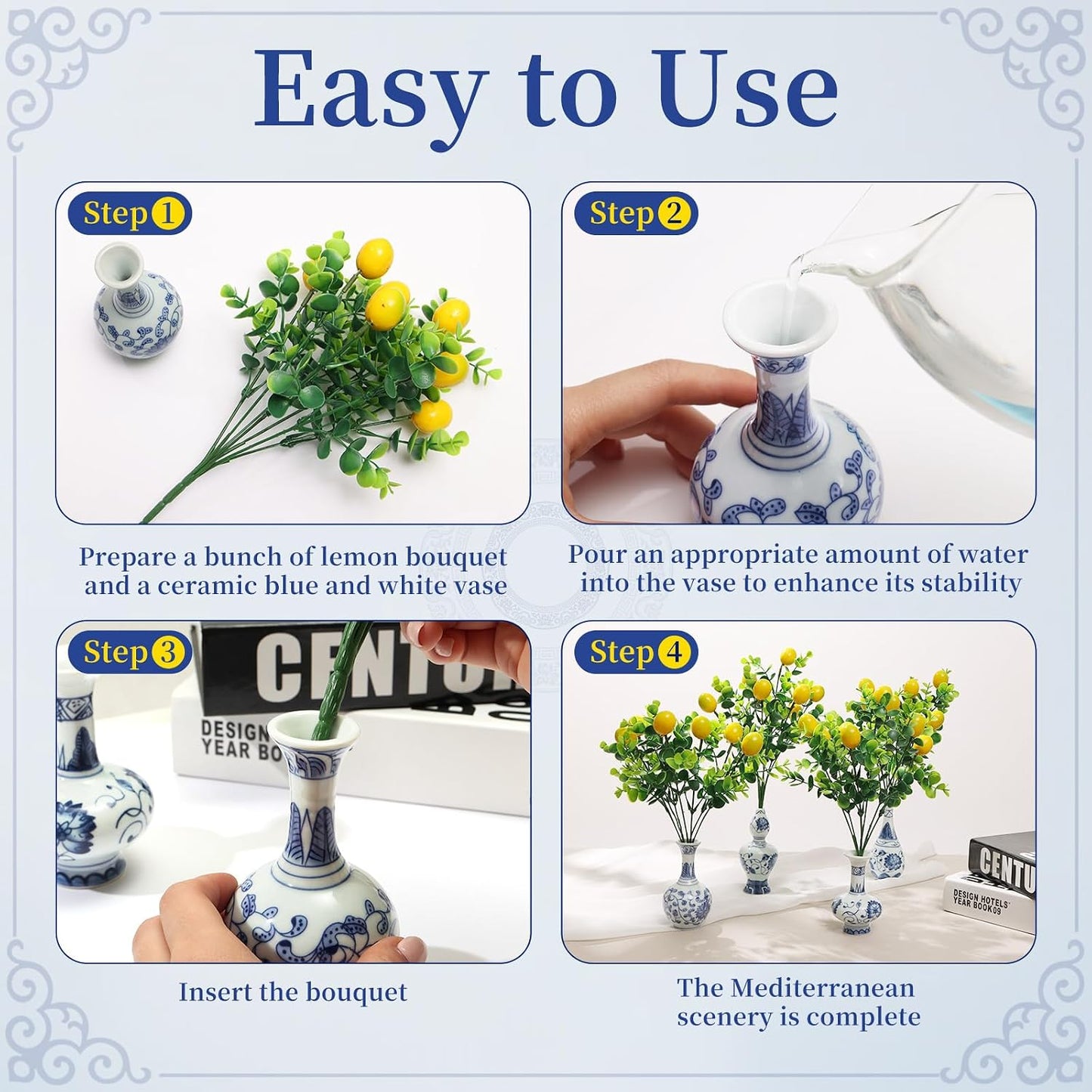 Amalfi Coast Party Decorations, 4 Bunches Artificial Lemon Table Centerpiece and 4 Porcelain Small Blue White Vases for Mediterranean Wedding Baby Shower, Capri Italian Themed Birthday Party Decor