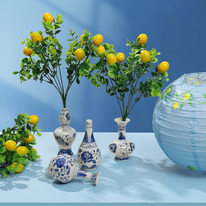 Amalfi Coast Party Decorations, 4 Bunches Artificial Lemon Table Centerpiece and 4 Porcelain Small Blue White Vases for Mediterranean Wedding Baby Shower, Capri Italian Themed Birthday Party Decor