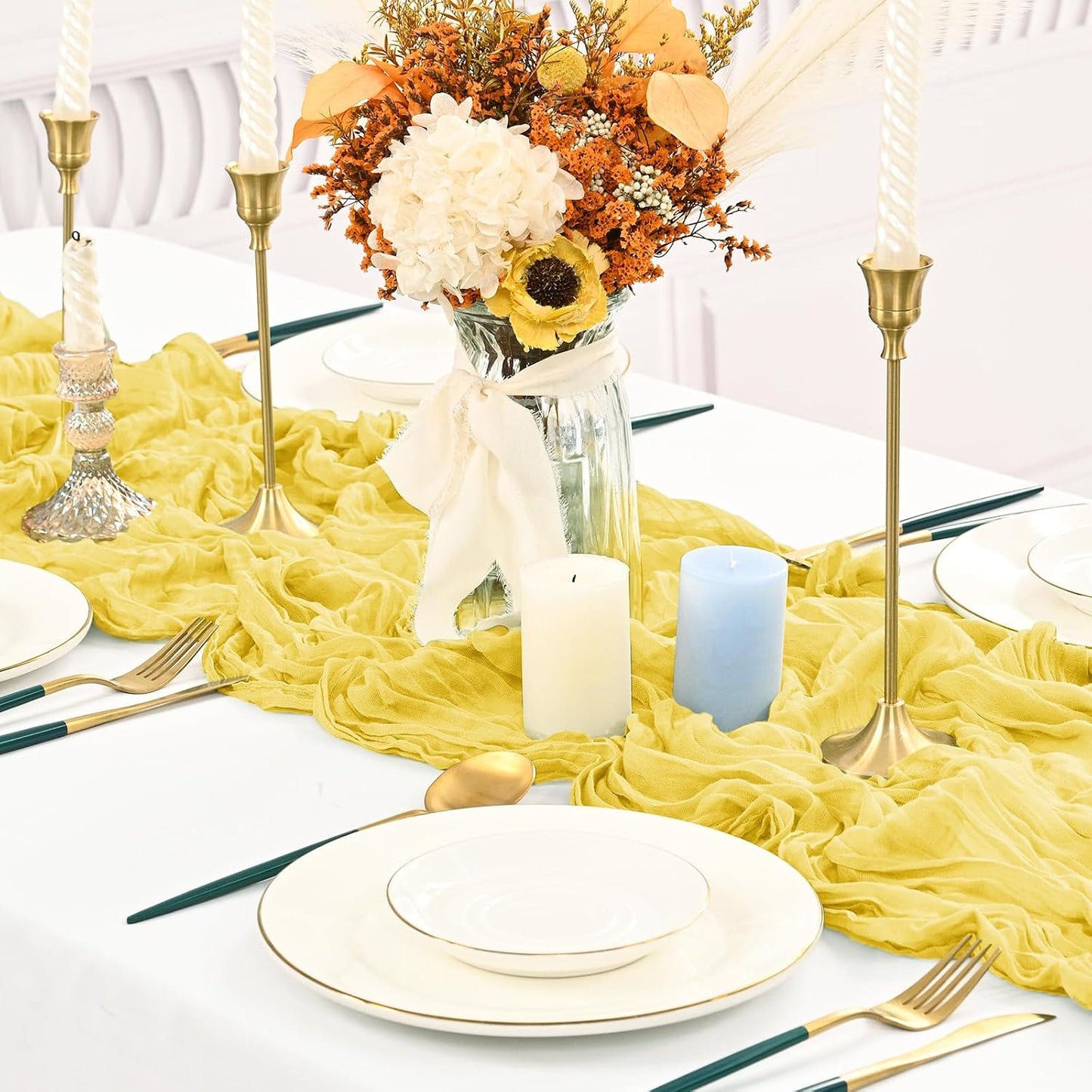 10 Pack Cheesecloth Table Runner Light Yellow,10 ft Gauze Table Runner Long Semi-Sheer Rustic Boho Table Runners for Wedding,Bridal Shower,Party,Banquet Decoration(21.5 x 120 Inch)