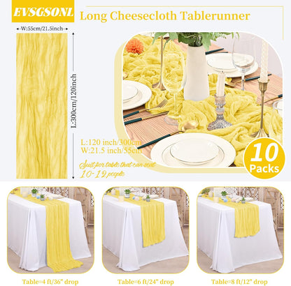 10 Pack Cheesecloth Table Runner Light Yellow,10 ft Gauze Table Runner Long Semi-Sheer Rustic Boho Table Runners for Wedding,Bridal Shower,Party,Banquet Decoration(21.5 x 120 Inch)