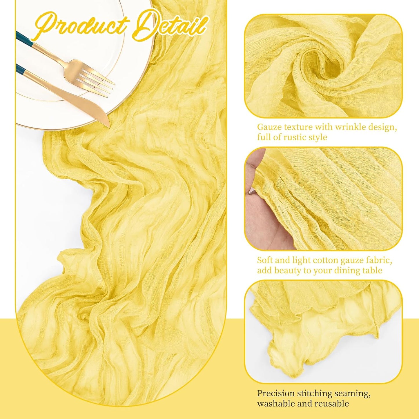 10 Pack Cheesecloth Table Runner Light Yellow,10 ft Gauze Table Runner Long Semi-Sheer Rustic Boho Table Runners for Wedding,Bridal Shower,Party,Banquet Decoration(21.5 x 120 Inch)
