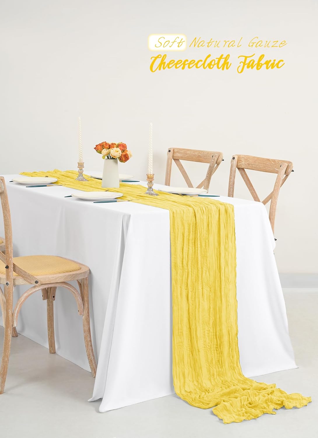 10 Pack Cheesecloth Table Runner Light Yellow,10 ft Gauze Table Runner Long Semi-Sheer Rustic Boho Table Runners for Wedding,Bridal Shower,Party,Banquet Decoration(21.5 x 120 Inch)