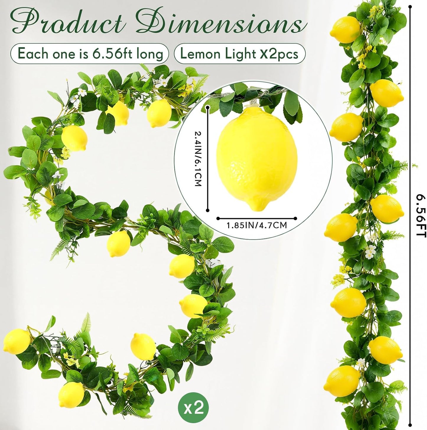 2 Pcs 3D LED String Lights Battery Operated Spring Summer Artificial Fruit Garland Light Bulbs with Branches Leaves Fairy Lights for Wedding Party Table Decorations (Lemon Flower)