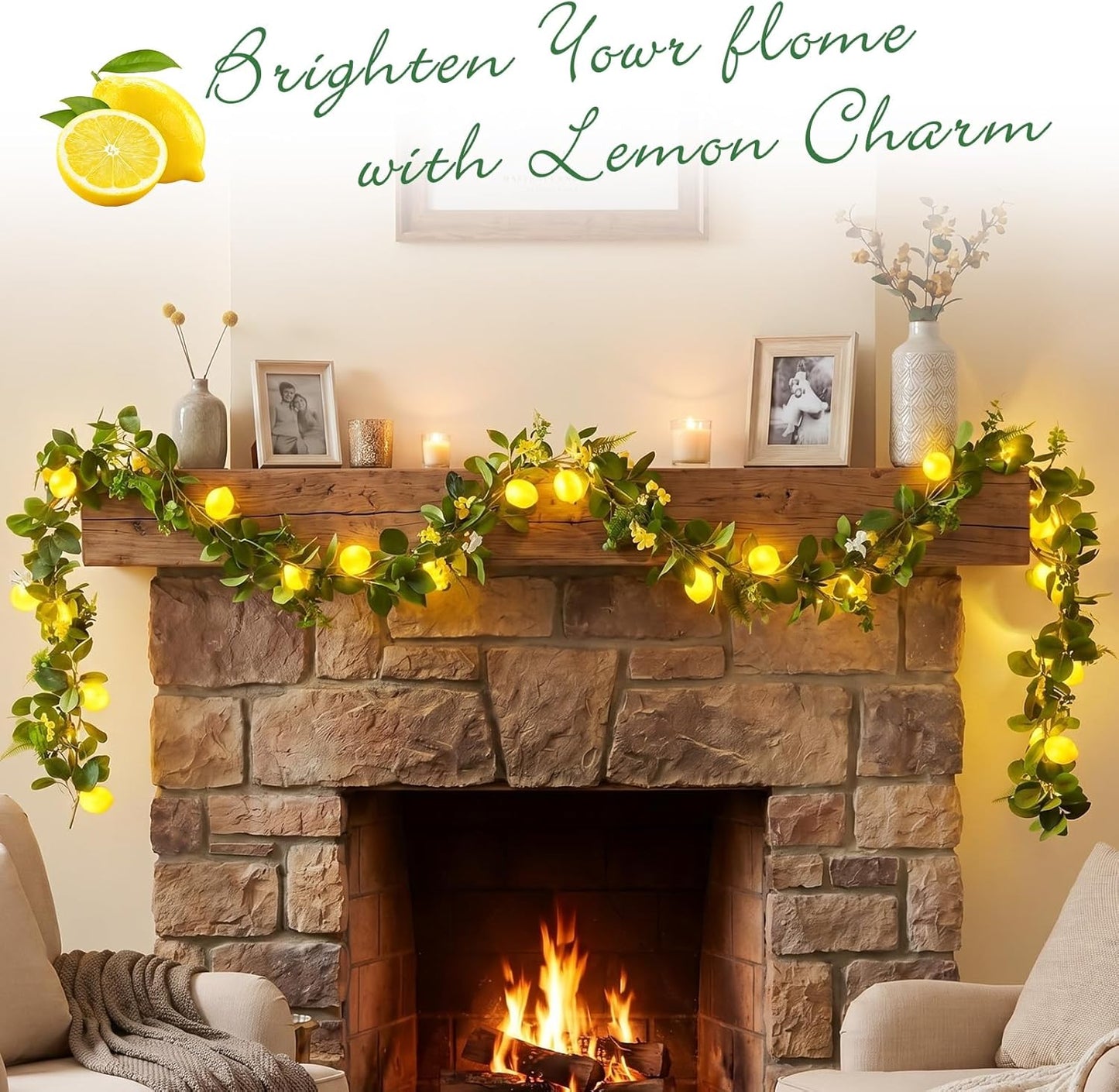 2 Pcs 3D LED String Lights Battery Operated Spring Summer Artificial Fruit Garland Light Bulbs with Branches Leaves Fairy Lights for Wedding Party Table Decorations (Lemon Flower)
