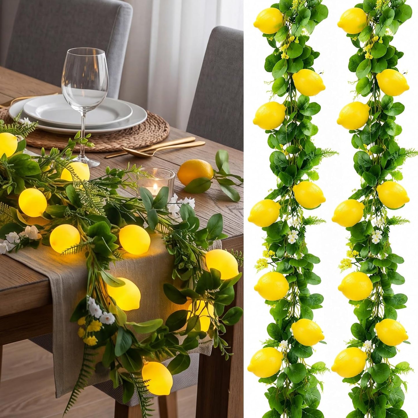 2 Pcs 3D LED String Lights Battery Operated Spring Summer Artificial Fruit Garland Light Bulbs with Branches Leaves Fairy Lights for Wedding Party Table Decorations (Lemon Flower)