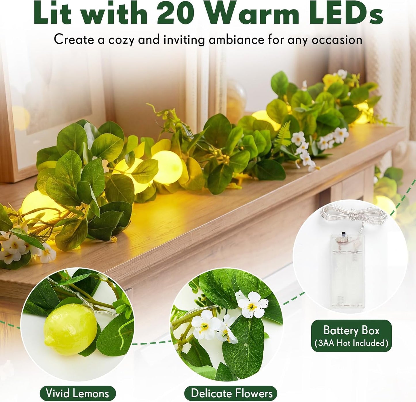 2 Pcs 3D LED String Lights Battery Operated Spring Summer Artificial Fruit Garland Light Bulbs with Branches Leaves Fairy Lights for Wedding Party Table Decorations (Lemon Flower)