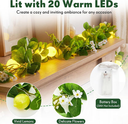 2 Pcs 3D LED String Lights Battery Operated Spring Summer Artificial Fruit Garland Light Bulbs with Branches Leaves Fairy Lights for Wedding Party Table Decorations (Lemon Flower)