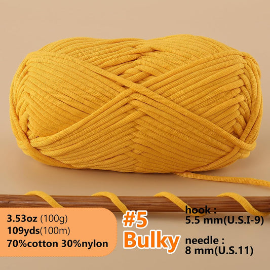 Yarn for Crocheting, 100g / 109 yd 70% Cotton 30% Nylon #5 Bulky Tube Yarn, Soft Crochet & Knitting Yarn for Bags, Hats, Socks, Sweaters, Blankets(Yellow)