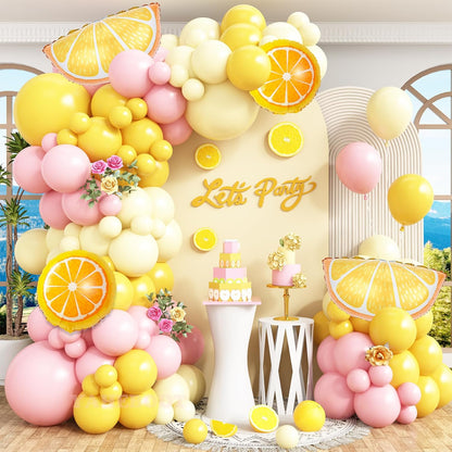 Lemon Balloon Arch Garland Kit,162pcs Pastel Yellow Pink and Yellow Balloon Arch Kit with Lemon Yellow Foil Balloons for Lemon Baby Shower,Lemonade Party Main Squeeze Bridal Shower Decorations