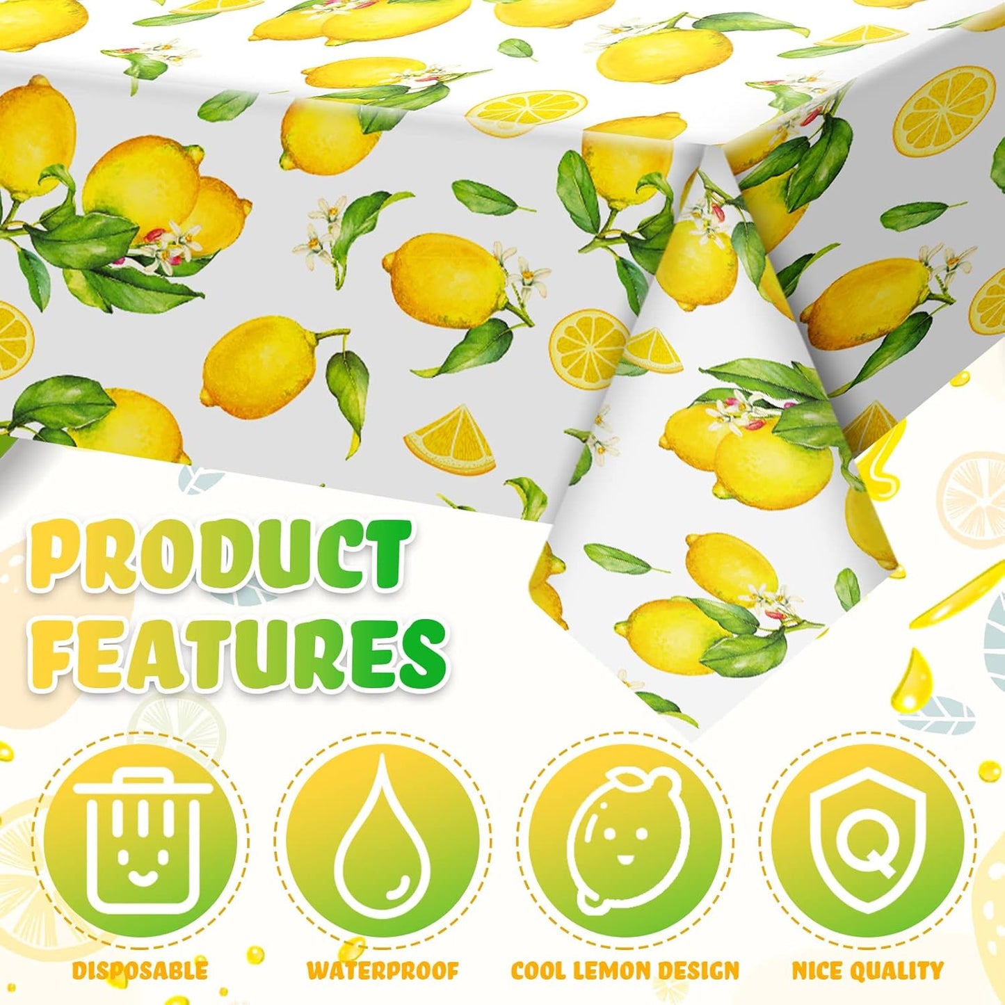 3 Pcs Lemon Tablecloth Indoor Outdoor Waterproof Rectangle Lemons Table Cover Yellow Lemons Disposable Oil Proof Summer Table Cloth for Spring Party Kitchen Dining Picnic Barbeque Patio, 54 x 108 Inch