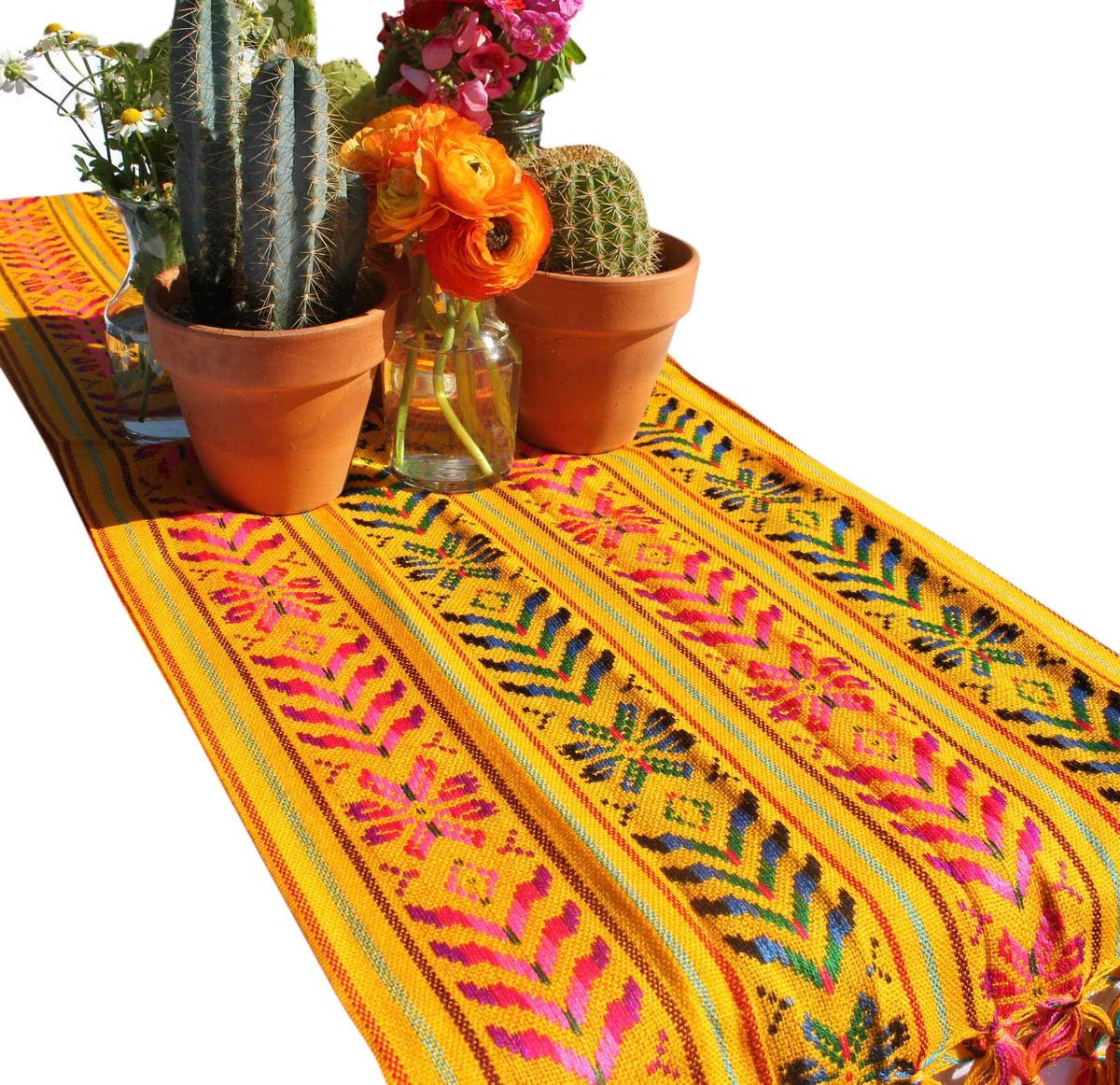 Woven Rebozo Style Mexican Table Runner Scarf (Yellow)