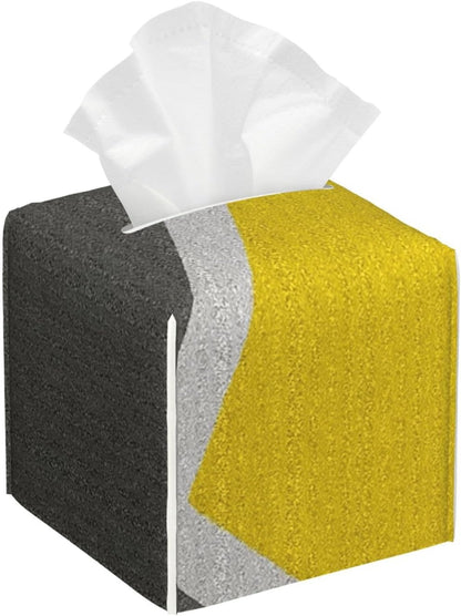 Gray Yellow Combined Abstract Object Square Leather Tissue Box Cover - Premium Decorative Organizer with Non-Slip Base for Bathroom Vanity, Nightstand & Countertop
