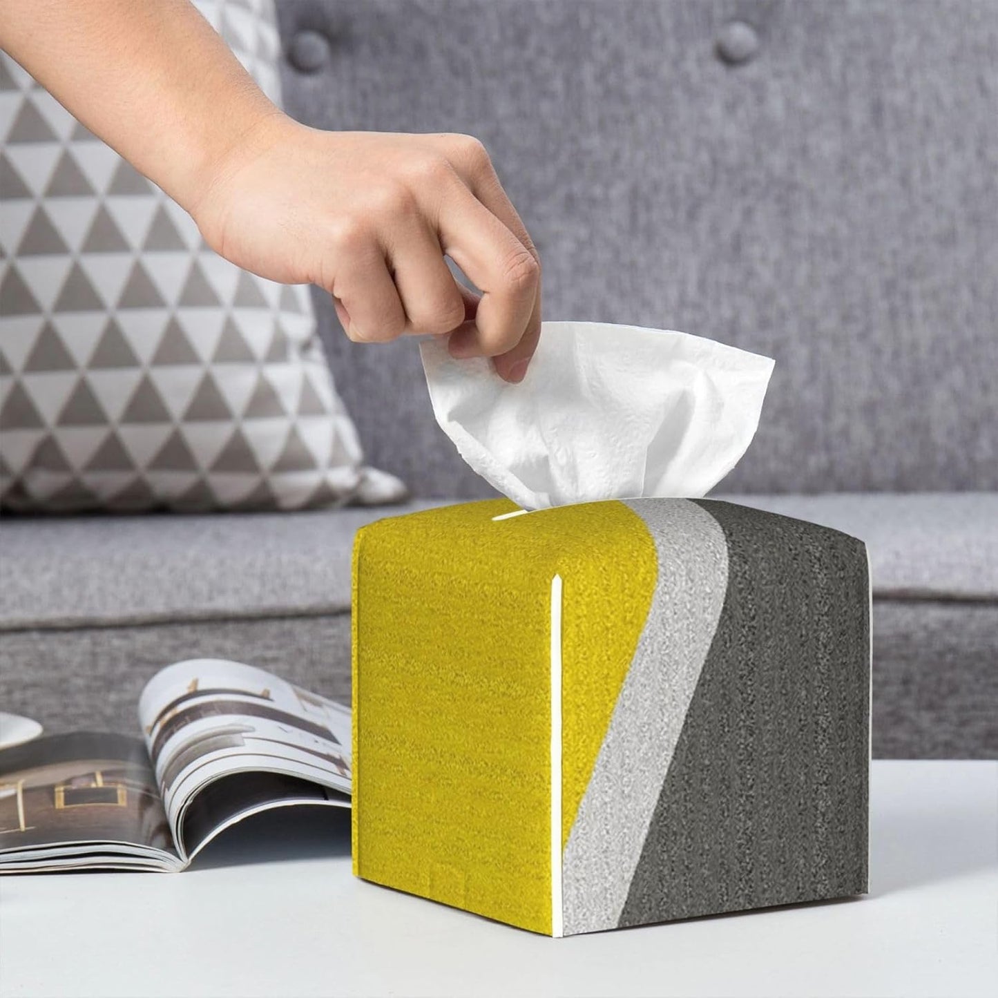 Gray Yellow Combined Abstract Object Square Leather Tissue Box Cover - Premium Decorative Organizer with Non-Slip Base for Bathroom Vanity, Nightstand & Countertop