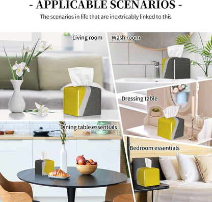 Gray Yellow Combined Abstract Object Square Leather Tissue Box Cover - Premium Decorative Organizer with Non-Slip Base for Bathroom Vanity, Nightstand & Countertop
