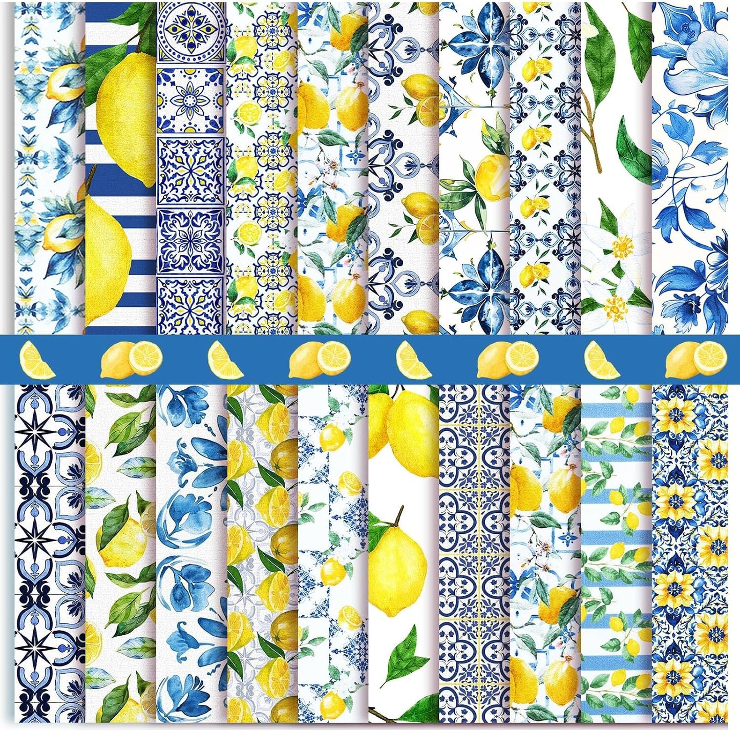 20 Pcs 10''x10'' Lemon Quilting Fabric Square Chinoiserie Precuts Quilted Fabric Bundle Blue and Yellow Printed Sewing Material for Holiday Spring Summer Patchwork DIY Craft Supplies