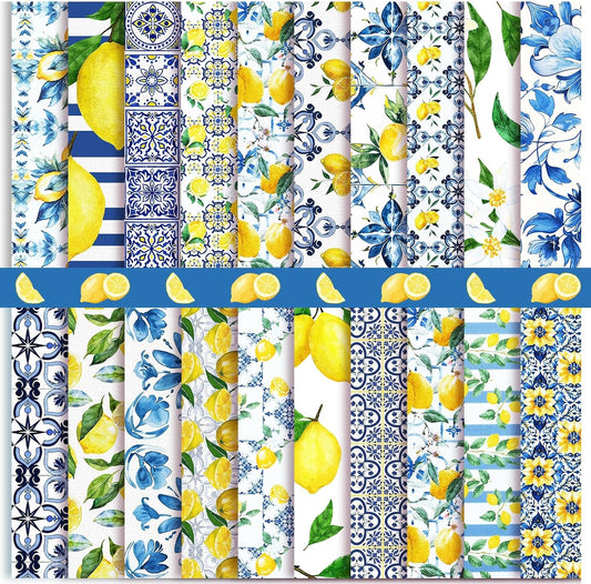 20 Pcs 10''x10'' Lemon Quilting Fabric Square Chinoiserie Precuts Quilted Fabric Bundle Blue and Yellow Printed Sewing Material for Holiday Spring Summer Patchwork DIY Craft Supplies